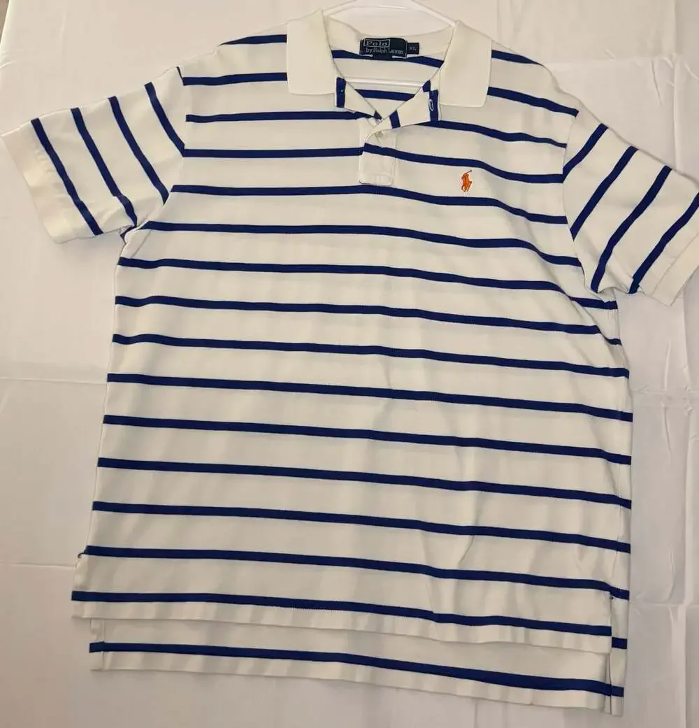 Polo Ralph Lauren Men's White and Blue Striped Short Sleeve Polo Shirt XL
